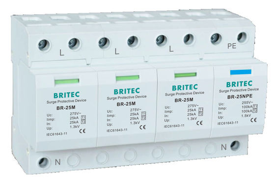 25kA T1+T2 Surge Arrester DIN Rail Mount Lightning Protector per sistemi AC a bassa tensione